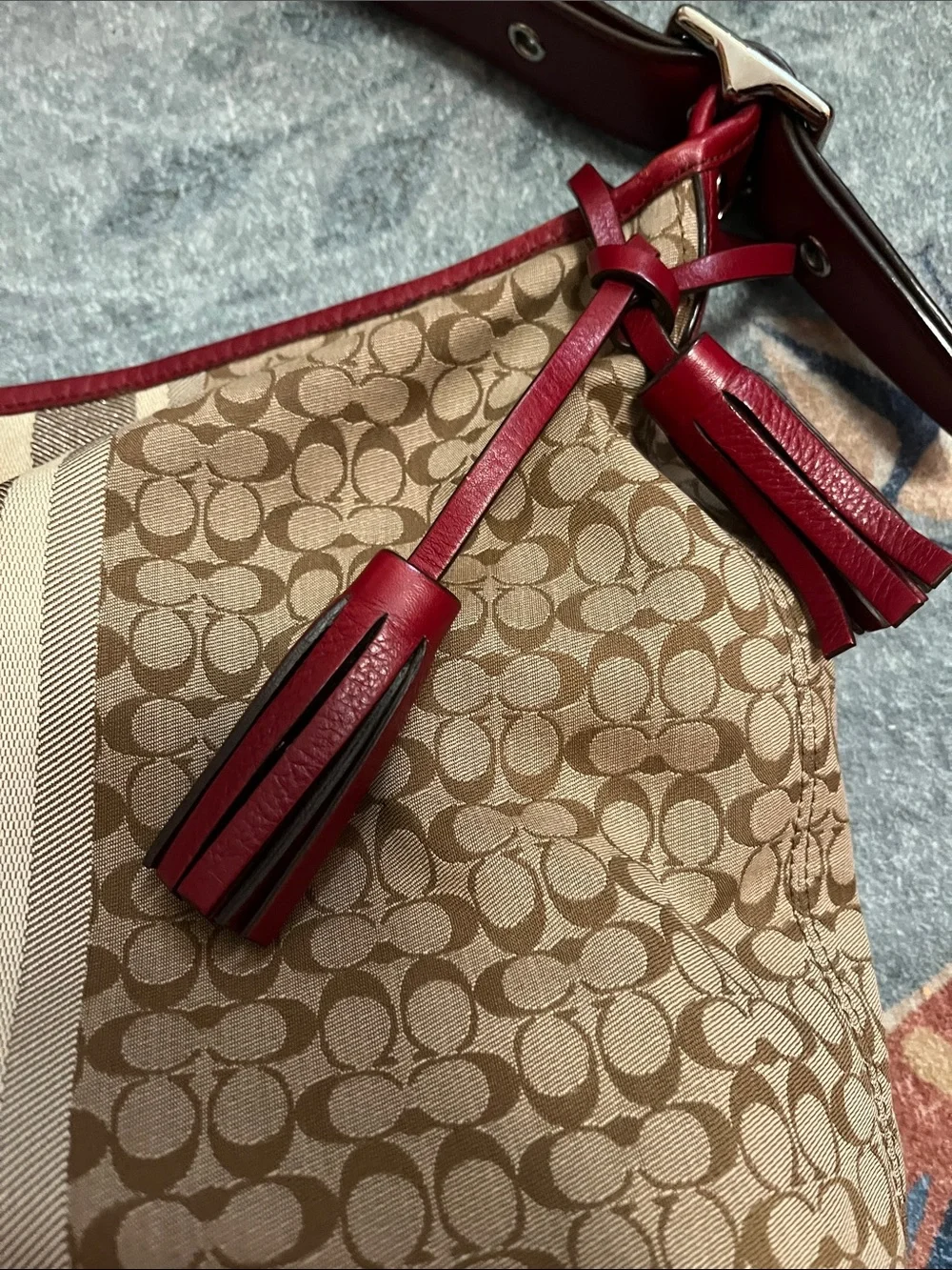 Coach Brown Signature Hobo Bag with Red Leather Trim